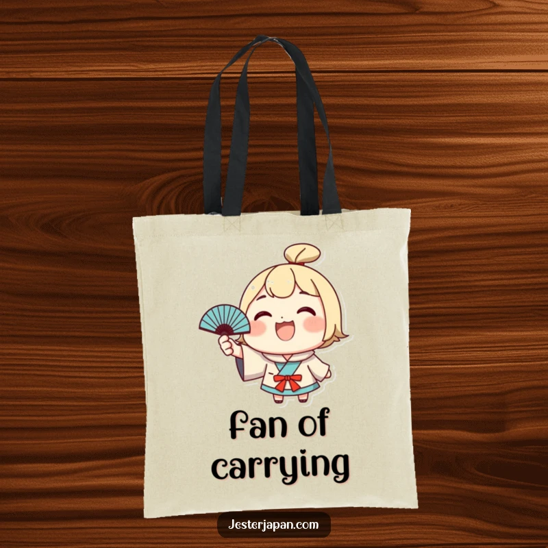 Funny Kawaii Tote Bag: Cute character grinning and waving a Japanese fan, a fun and uplifting accessory. Perfect funny gift.