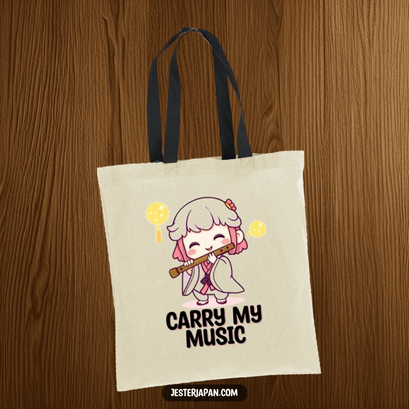 Funny tote bag with a smiling Kawaii character playing a traditional Japanese flute, great for carrying items.