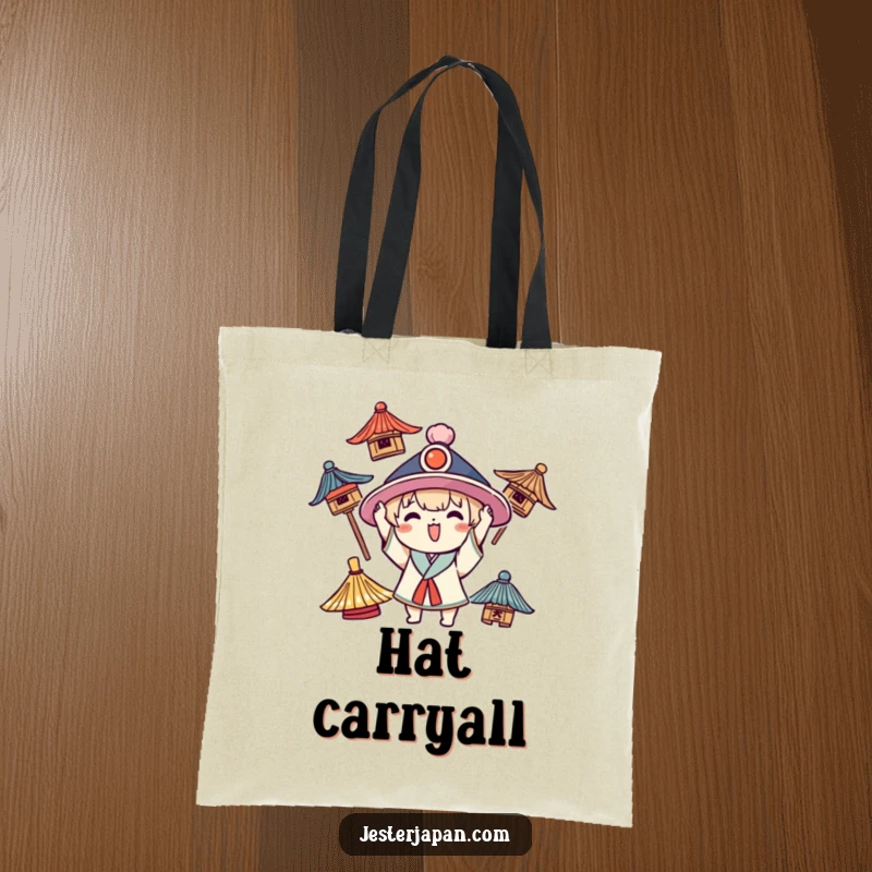 Funny Kawaii tote bag showing a character excitedly trying on different traditional hats, full of playful energy.