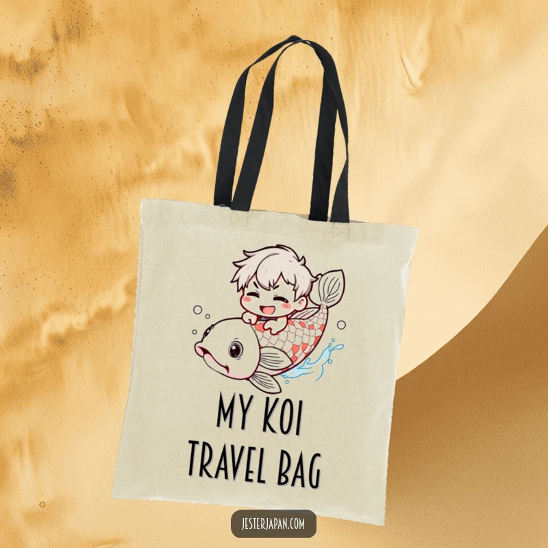 Funny Tote Bag: Kawaii character with a mischievous grin riding a giant koi fish, perfect for carrying essentials humorously.
