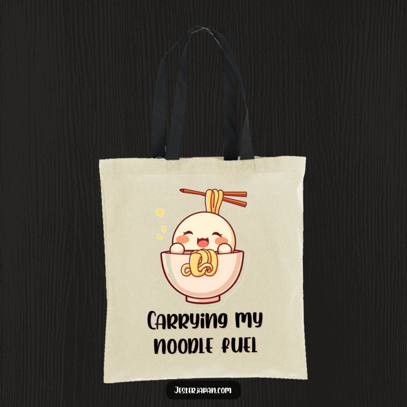 Funny Kawaii tote bag featuring a small, round character joyfully slurping noodles, a practical and humorous accessory for food lovers.