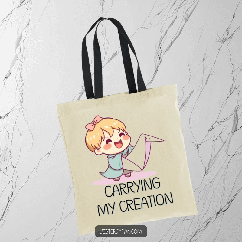 Funny Kawaii tote bag illustrating a character joyfully wrestling with a massive origami crane, perfect for carrying essentials with a humorous twist.
