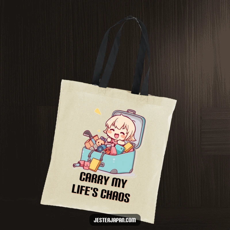 Funny tote bag illustrating a Kawaii character struggling to close a suitcase packed with too many items, perfect for shopping.