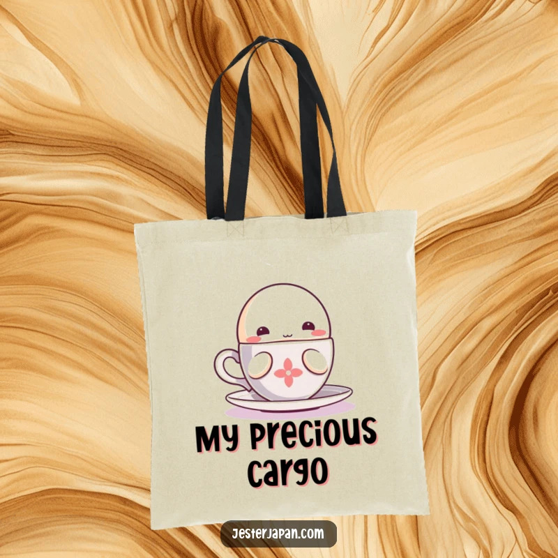 Funny Kawaii character sipping tote bag, showing enjoyment of a steaming cup for a cute and cozy accessory.