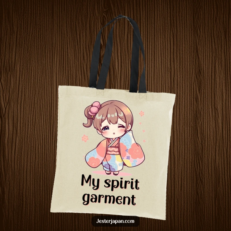 Funny tote bag showcasing a character humorously overwhelmed by a giant, colorful kimono, perfect for carrying things with style.