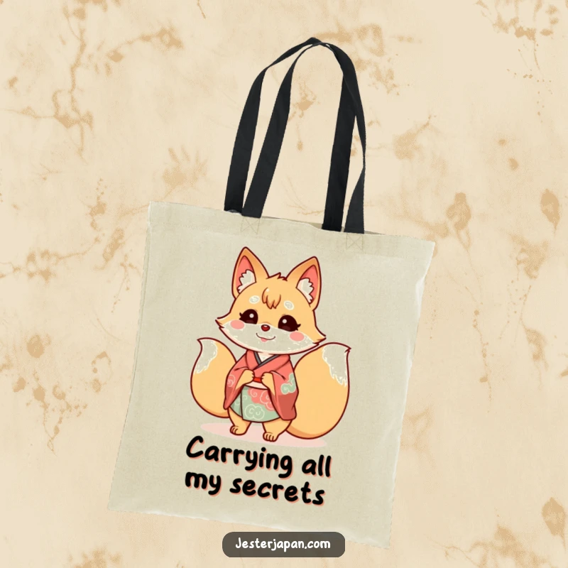 Funny Kitsune Kimono Tote Bag featuring a happy nine-tailed fox, adorned in a beautiful kimono and surrounded by its many wagging tails.
