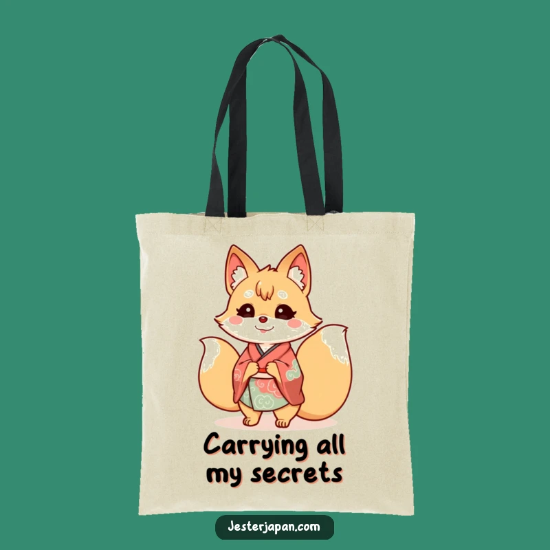 Funny Kitsune Kimono Tote Bag: Cheerful Nine-Tailed Fox, Practical Japanese Gift