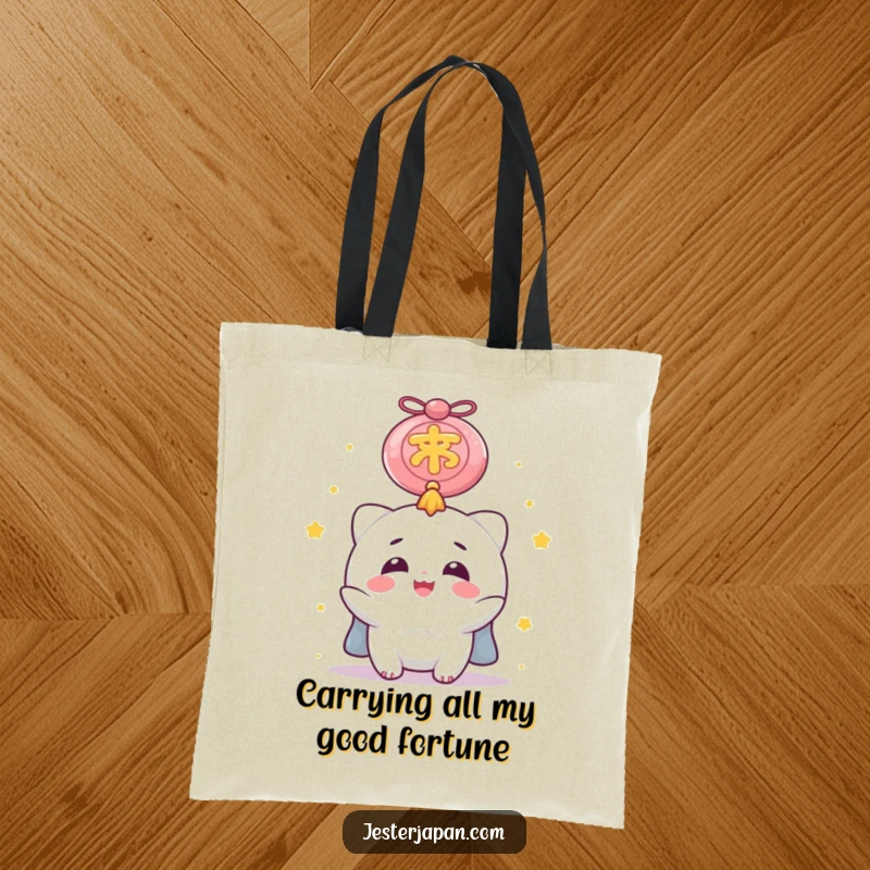 Funny Tote Bag showcasing a happy character reaching for a huge lucky charm, a delightful design for carrying your essentials with joy and humor.