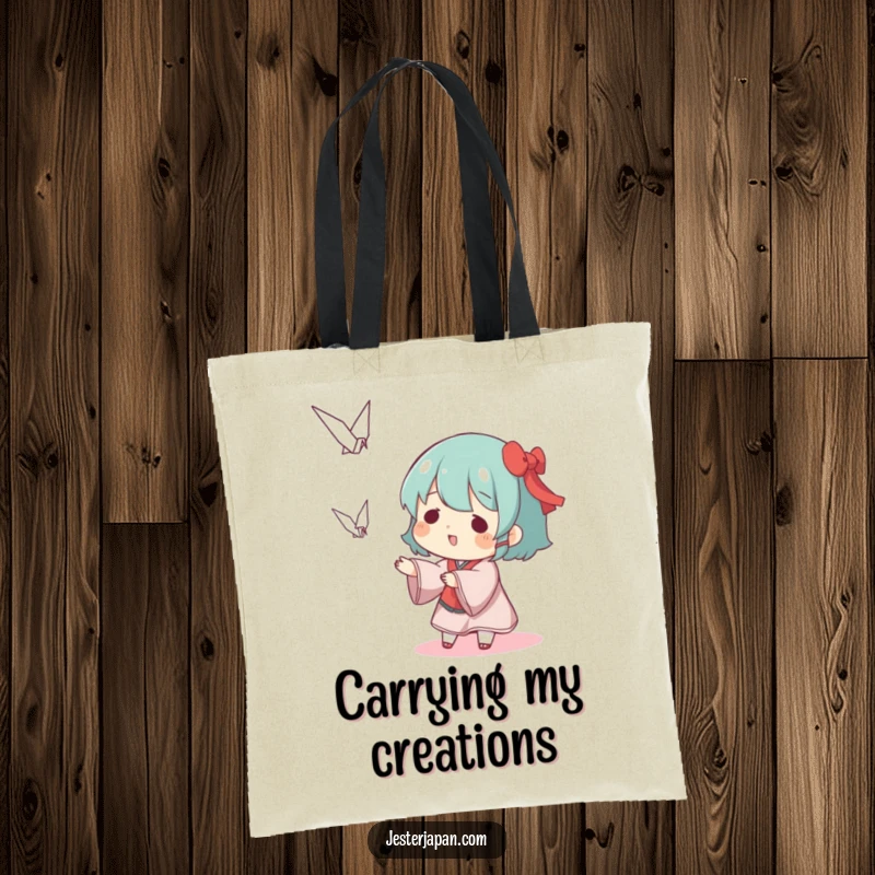Funny tote bag with a character playfully tossing a small origami crane, perfect for carrying craft supplies and daily items.