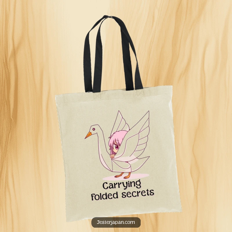 Funny tote bag showing a character playfully peeking from behind a large, stylized origami crane, perfect for carrying essentials with style.