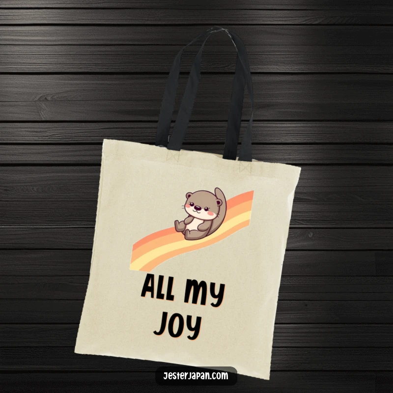 Funny otter character cheerfully sliding down a vibrant rainbow, printed on a sturdy tote bag, ready for errands and smiles.