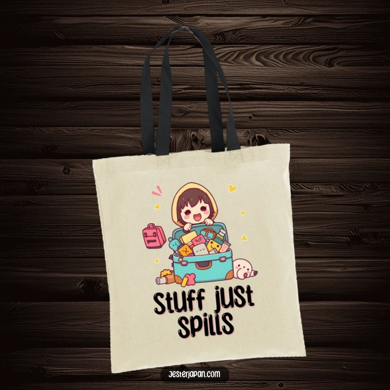 Funny Kawaii character packing tote bag, with items spilling from a suitcase, ideal for travel humor.