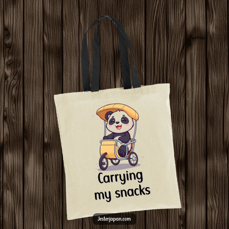 Funny Panda rickshaw tote bag showcasing a smiling character gleefully riding a miniature rickshaw, ideal for stylish and fun errands.