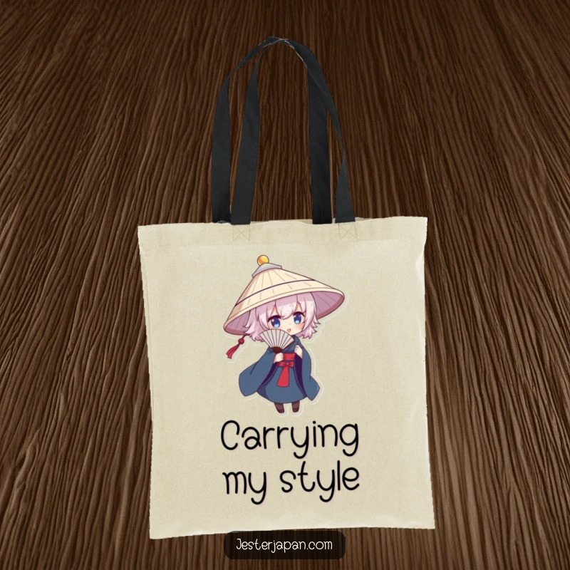 Funny tote bag featuring a character in a traditional hat, dramatically posing with a fan, great for carrying items.