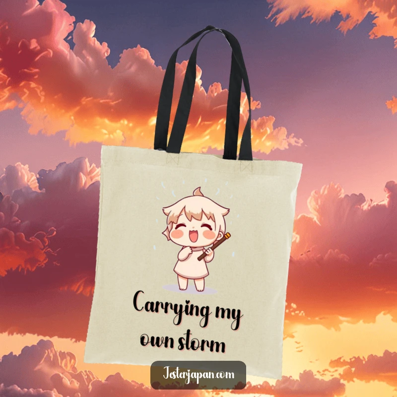 Funny tote bag featuring a character joyfully shaking a rain stick, creating a whimsical shower of beads, symbolizing peace and fun.