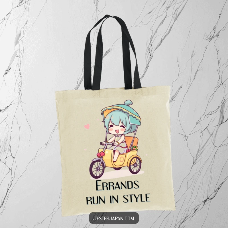 Funny tote bag showing a character happily riding a small, decorated rickshaw, perfect for carrying daily necessities with style.