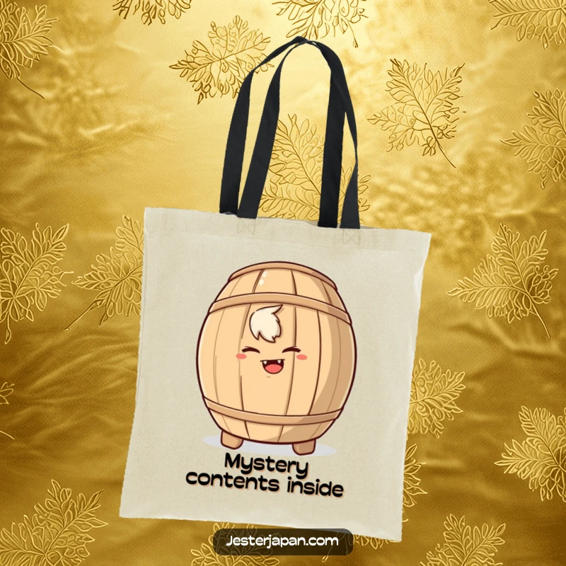 Funny tote bag with a mischievous character hiding behind a sake barrel, perfect for carrying essentials with a wink.