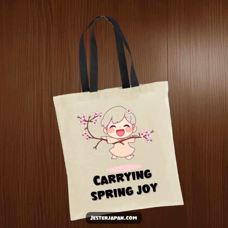 Funny Tote Bag: Joyful character doing a playful hop while holding a blooming cherry branch, perfect for carrying spring finds.