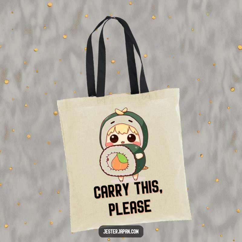 Funny tote bag featuring a cute anime character expressing shock while holding a giant sushi roll, great for daily use.