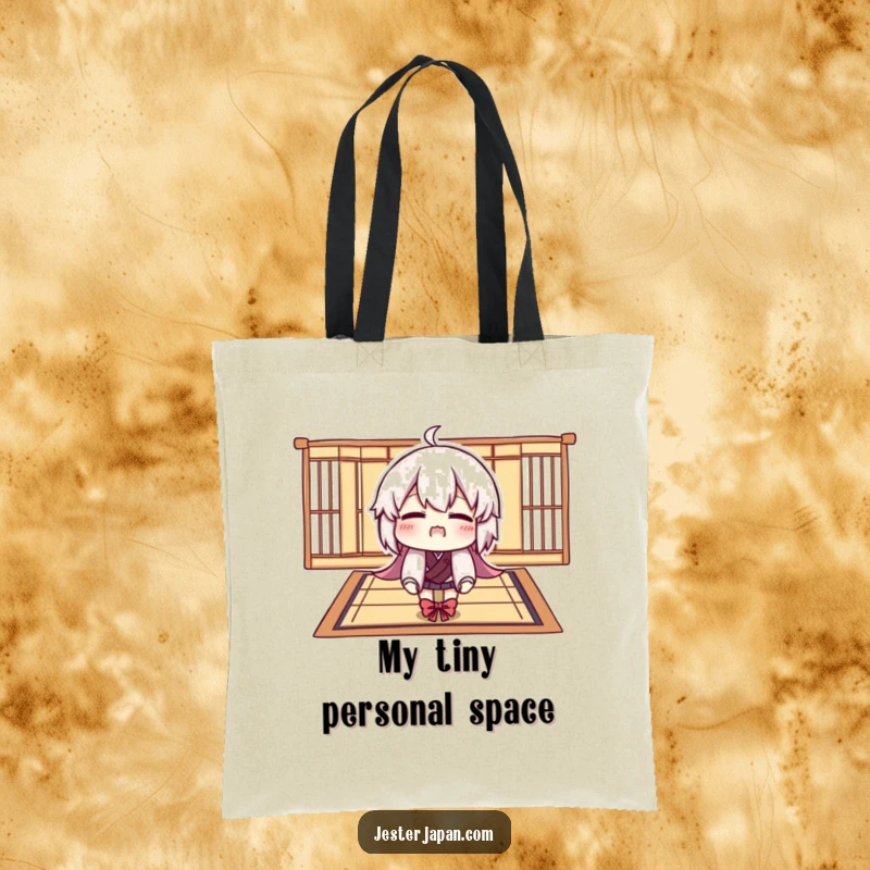 Funny tote bag illustrating a character comically trying to fit onto a tiny Tatami mat, perfect for carrying essentials with humor.