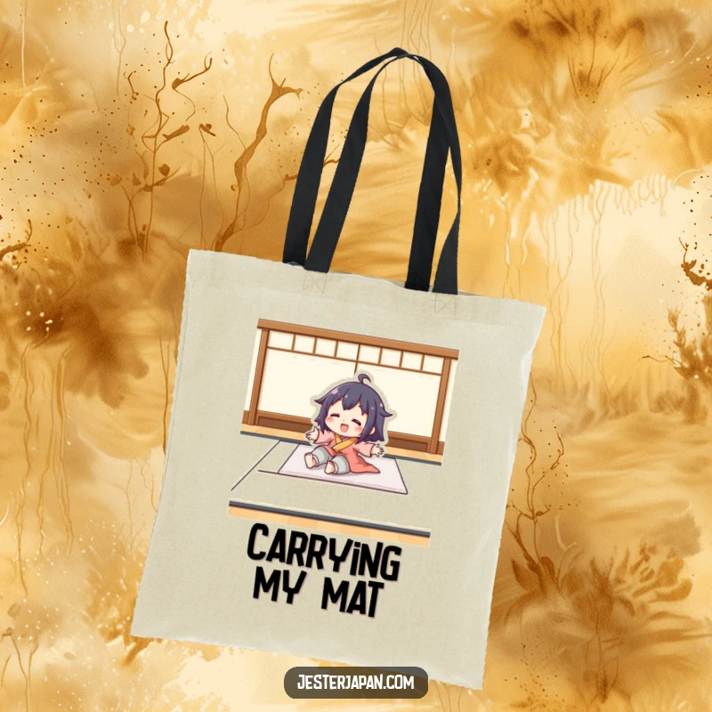 Funny tote bag depicting a character playfully sliding on a smooth tatami mat. Great for carrying essentials with a fun, relaxed vibe.