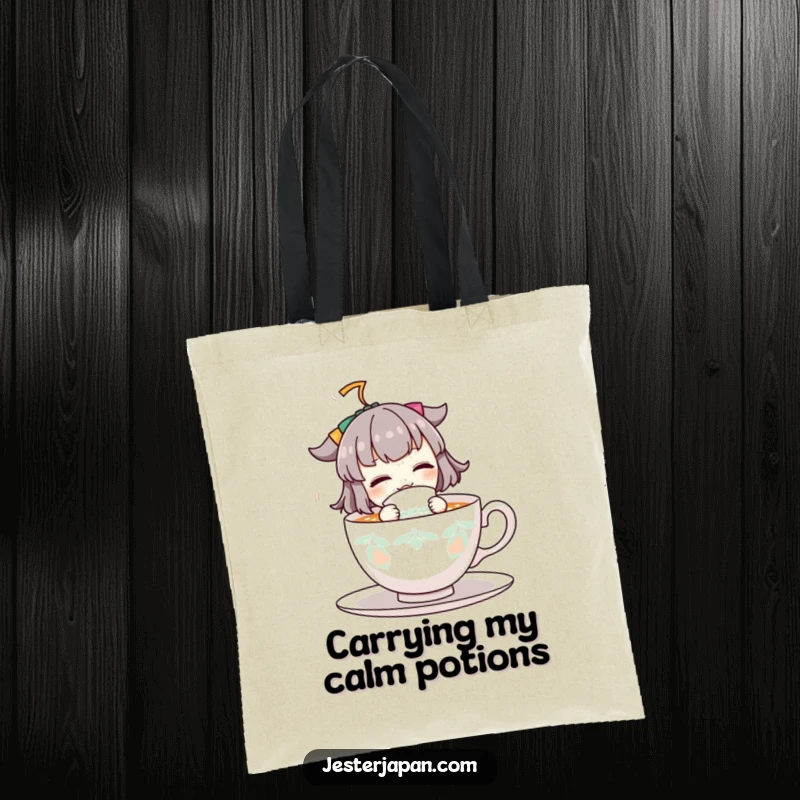 Funny tote bag with a cheerful character energetically drinking tea from a large cup, perfect for carrying groceries and spreading smiles.