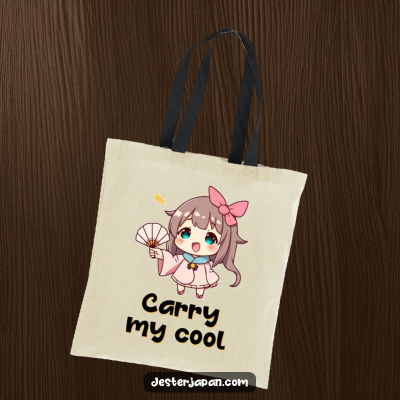 Funny tote bag showcasing a character energetically fanning with a tiny hand fan, perfect for errands and carrying essentials with flair.