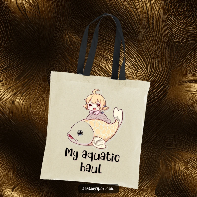 Funny tote bag with a mischievous winking character riding a giant koi fish, perfect for stylish, humorous carrying.