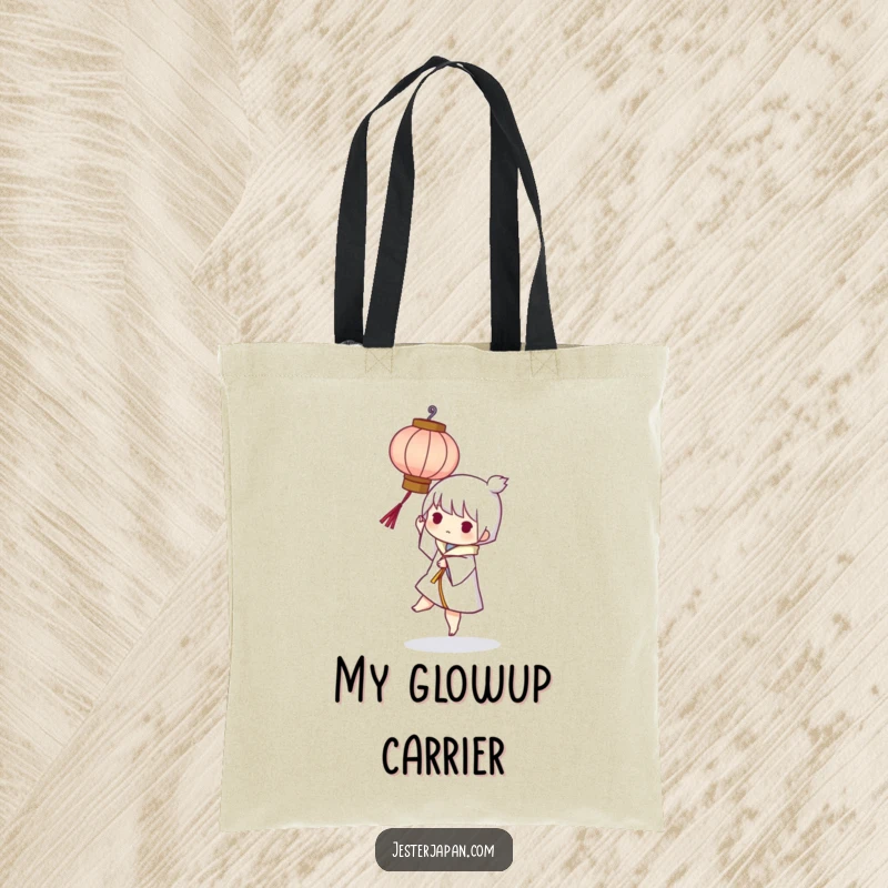 Funny tote bag illustrating a character playfully balancing a small, stylized paper lantern, perfect for stylish and humorous carrying.