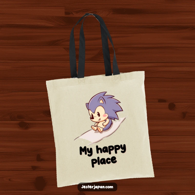 Funny hedgehog happily rolling downhill on a tote bag, adding a touch of cute, rolling fun to your errands.