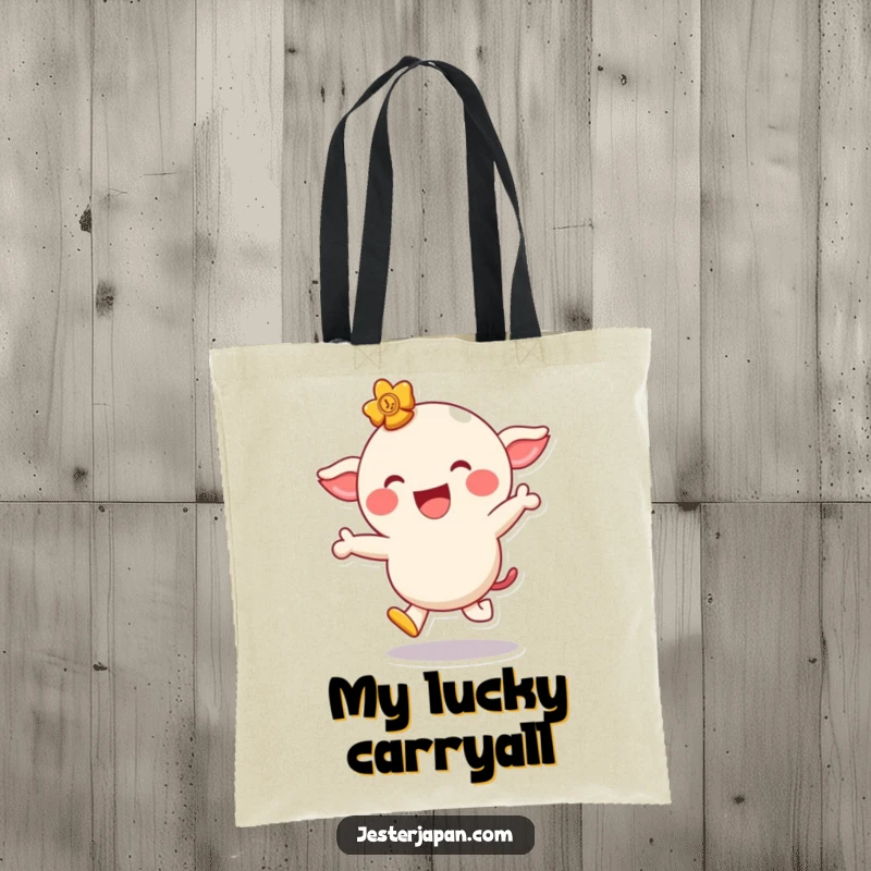 Funny tote bag showing a giggling lucky charm character hopping playfully with a wide smile, perfect for carrying cheer.