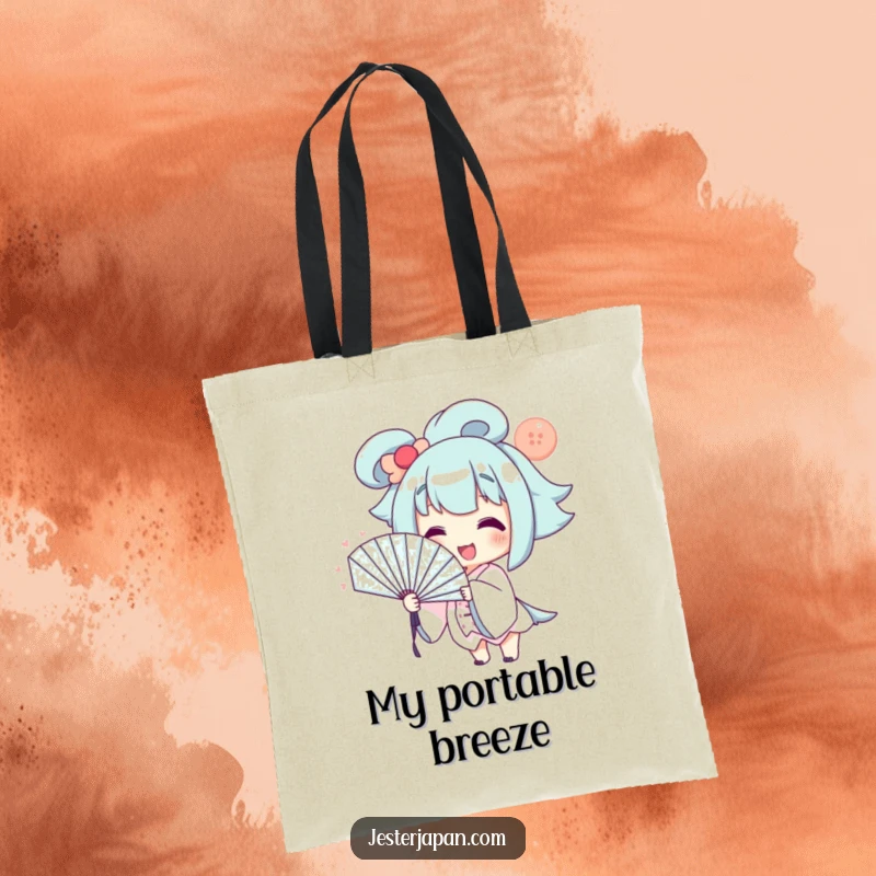 Funny Tote Bag: Smiling character dramatically fanning themselves with a large fan, perfect for carrying items humorously.