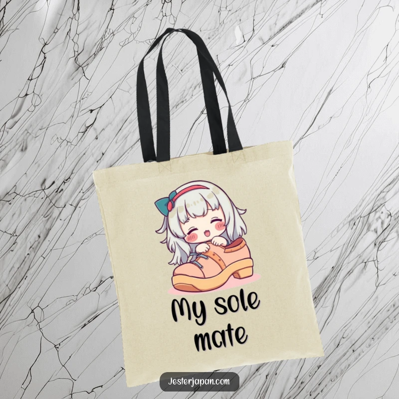 Funny tote bag with a character with rosy cheeks trying on a giant geta shoe, great for carrying daily items.